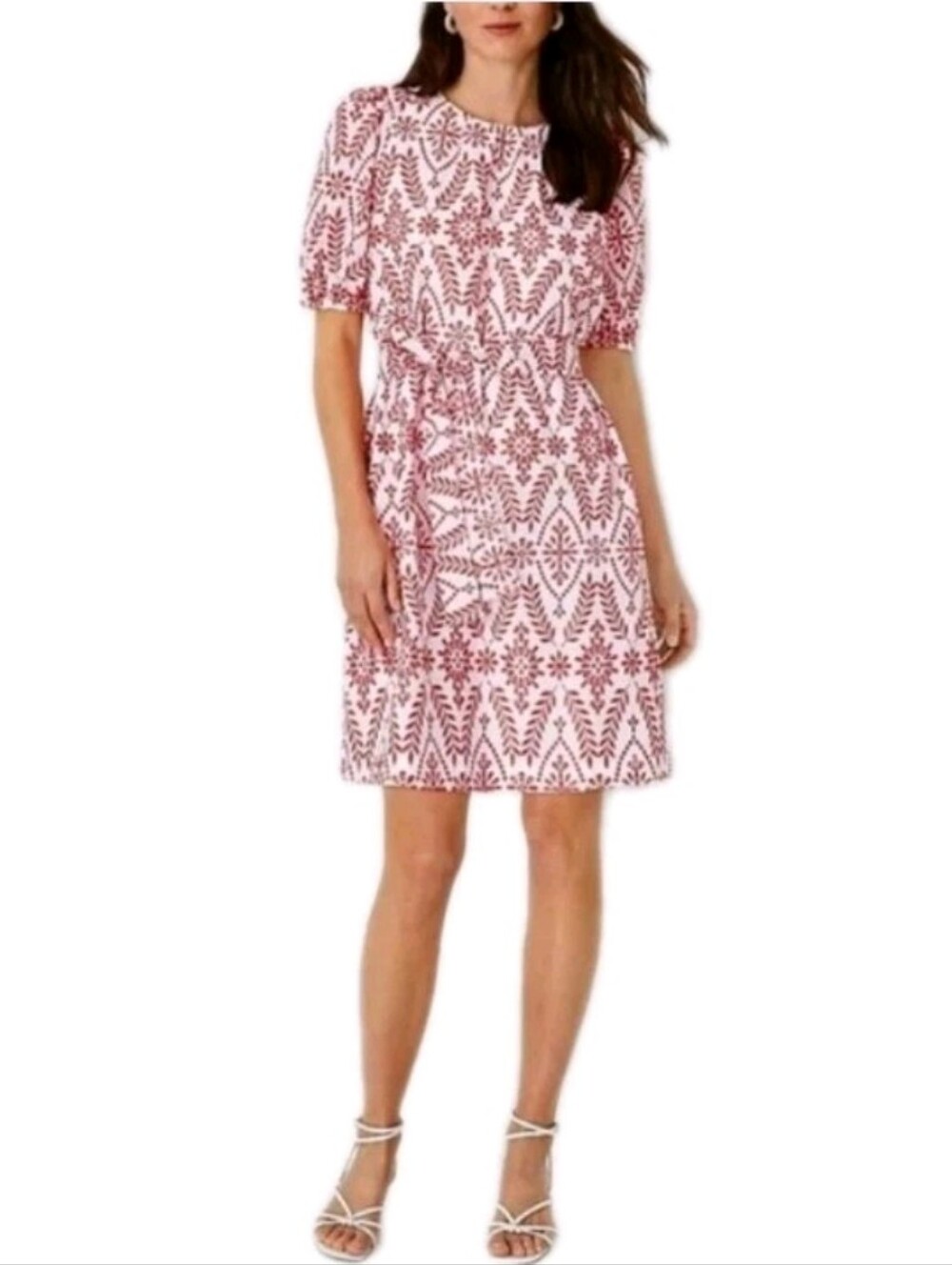 Ann Taylor Red White Floral Eyelet Dress Tie Waist Short Sleeve Dress Sz XS - Picture 2 of 12